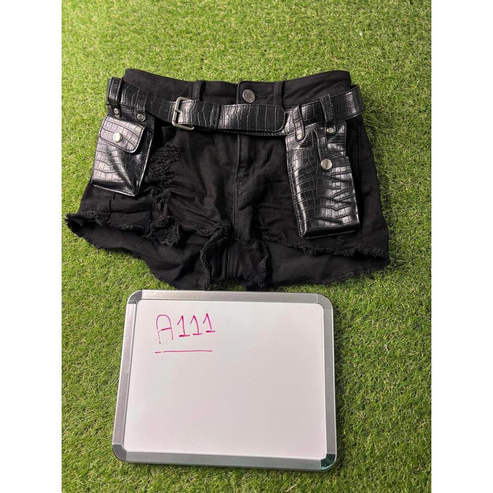SO High Rise Black Distressed Shorts Size 7 Belted moto Faux Leather Croc‎